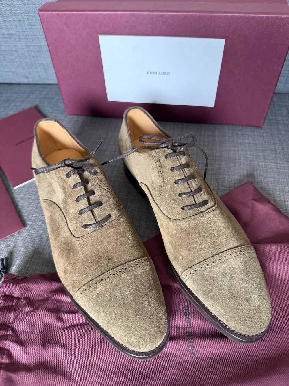 NIB John Lobb Bristol Oxford Mens Size US 9 UK 8E Brown Suede Cap Toe Shoes